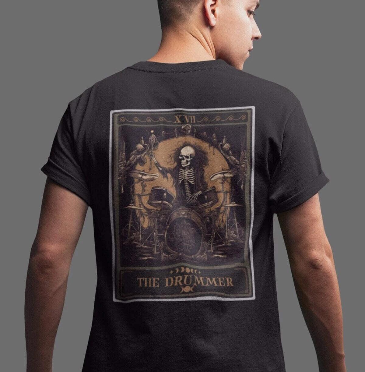 The Drummer Tarot Card Shirt, BACK PRINT Skeleton Drum Player 3XL