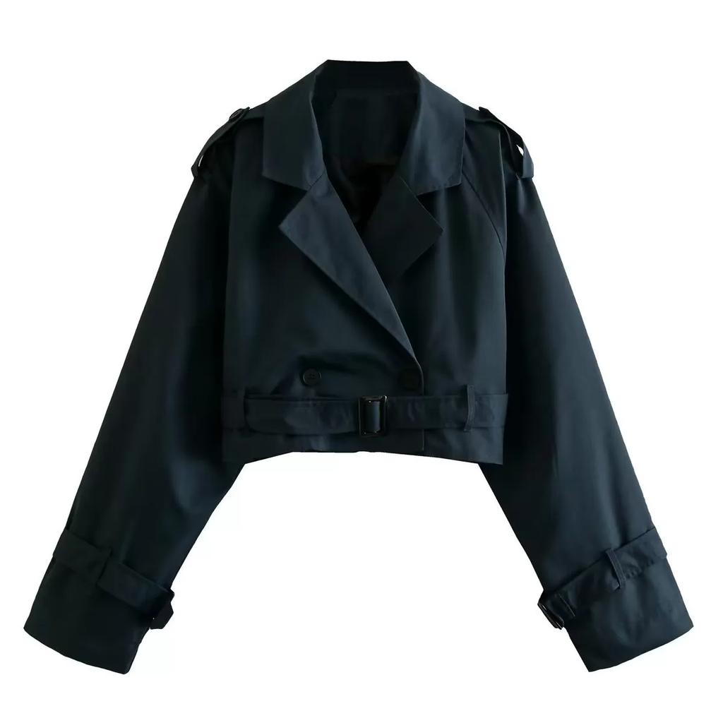 Khaki Cropped Trench Women Long Sleeves Cropped Design Jacket Chic Lady High Street Casual Loose Coats Top Female