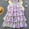 Summer French One Line Neck Fragmented Flower Dress Pleated Waist Wrapped High Grade Sweet Dress