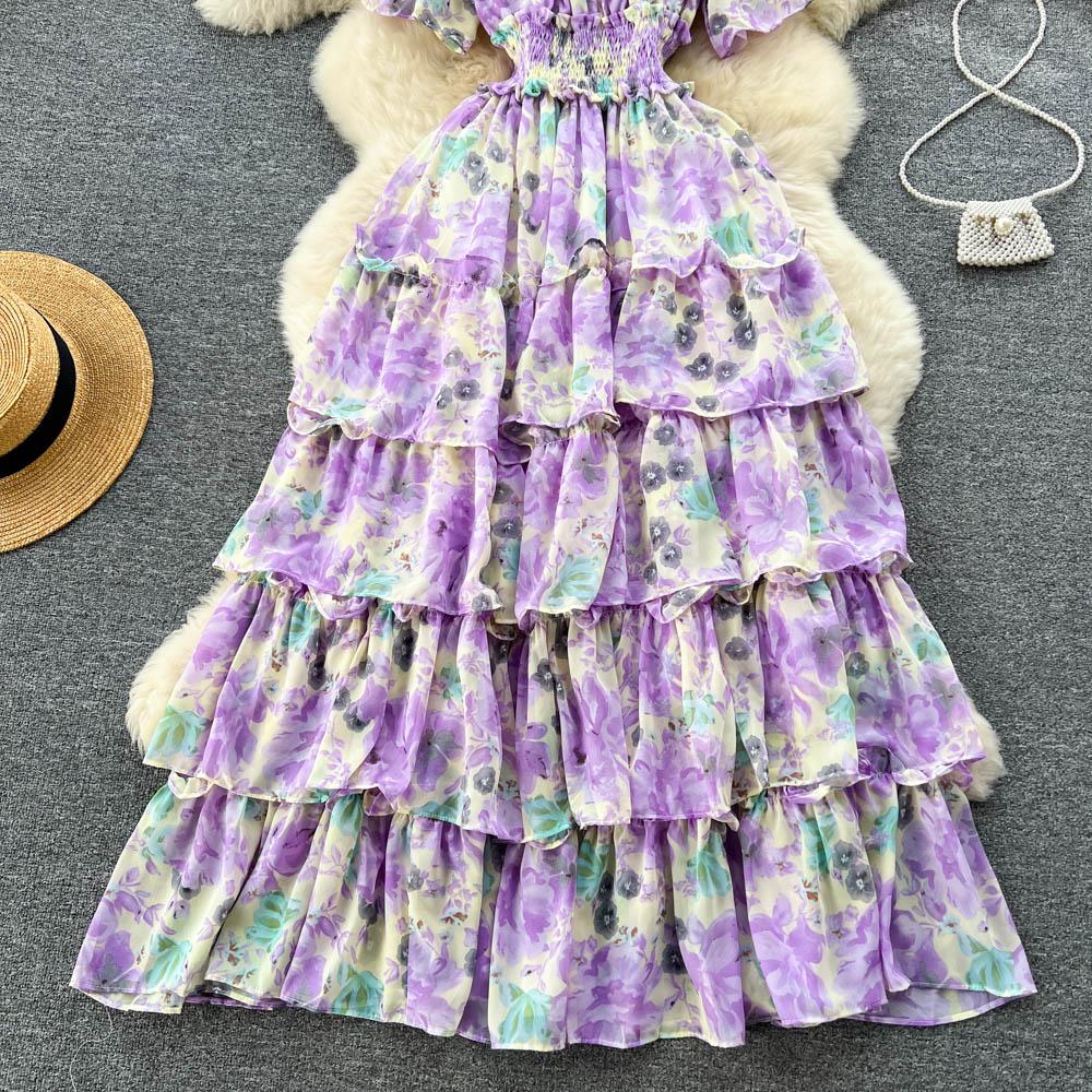 Summer French One Line Neck Fragmented Flower Dress Pleated Waist Wrapped High Grade Sweet Dress