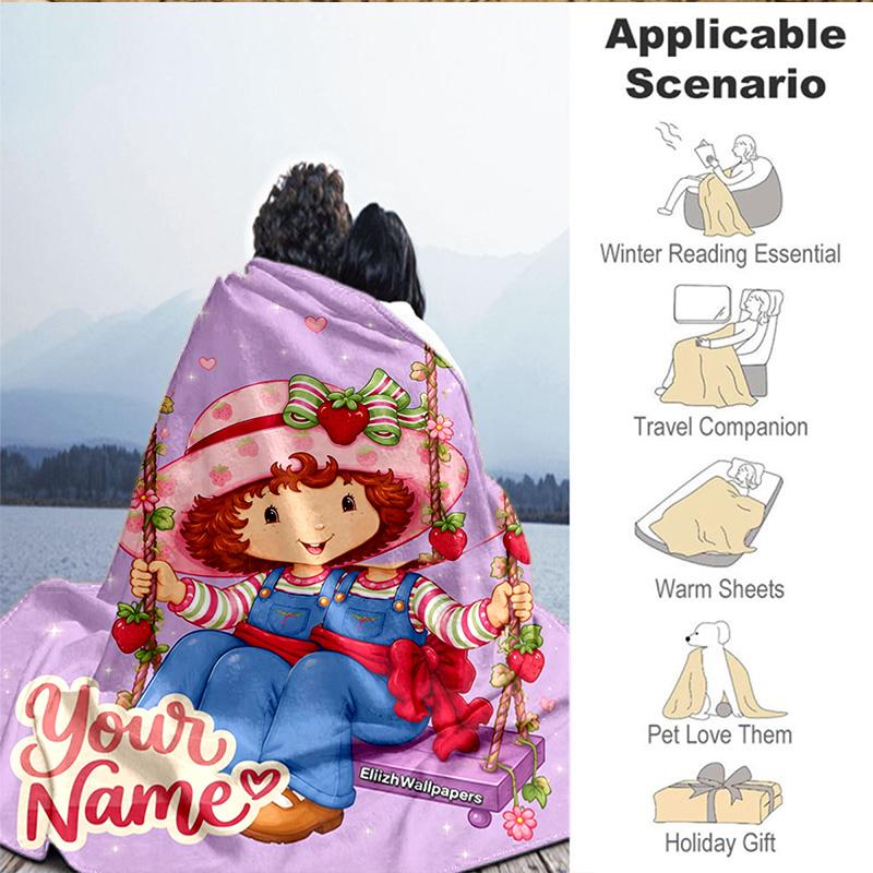 1PC Custom Name Blanket Straw-berry Sweet Moment Flannel blankets Patterns Throw Blanket All-Season Soft Gift for Couch, Bed, Camping, Birthday gifts