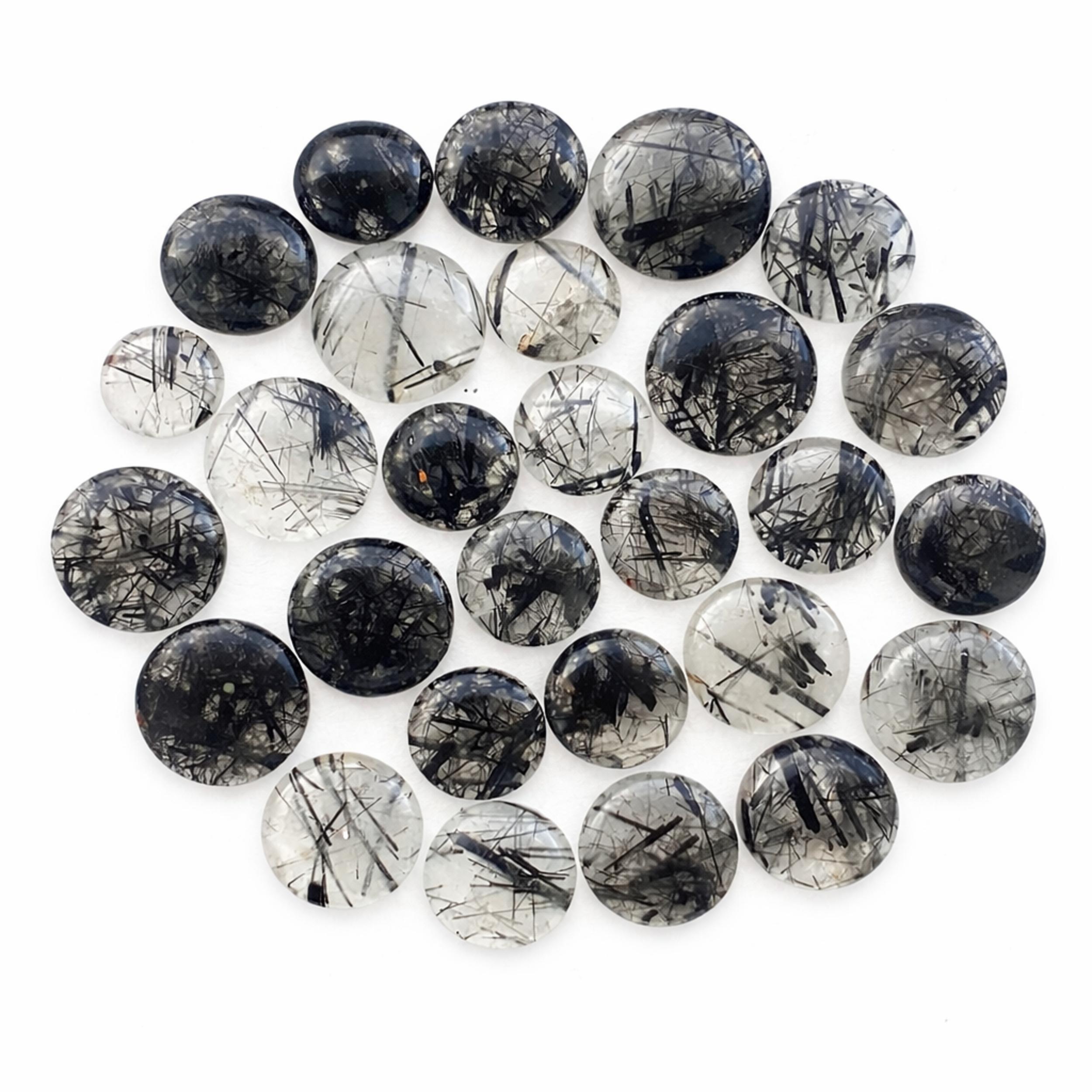 Black Rutilated Quartz Round Cabochons – Handcrafted Rutile Stone Lot Flat Back Polished Gemstone 100 Carats чёрный