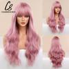 CharmSource Lange natürliche gewellte Perücke mit ordentlichem Pony/Fransen für Frauen, rosa Haar, synthetische Perücken, Cosplay, Party, hitzebeständige Faser