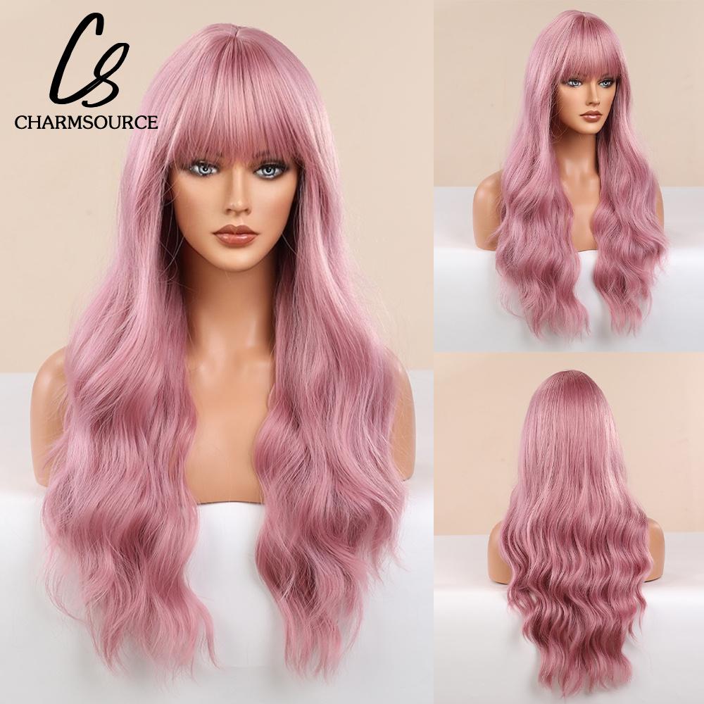 CharmSource Lange natürliche gewellte Perücke mit ordentlichem Pony/Fransen für Frauen, rosa Haar, synthetische Perücken, Cosplay, Party, hitzebeständige Faser