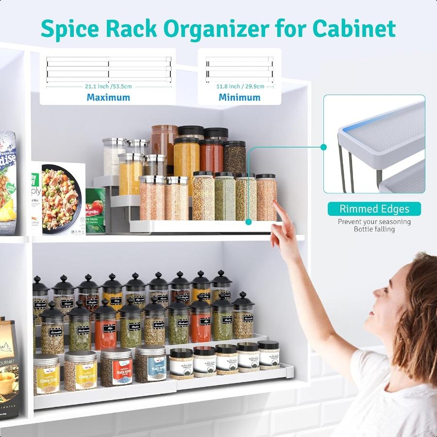 Pack of 2 Expandable Spice Rack Cabinet Organizer and Seasoning Organizer for Kitchen Adjustable Storage Solution for Counterto