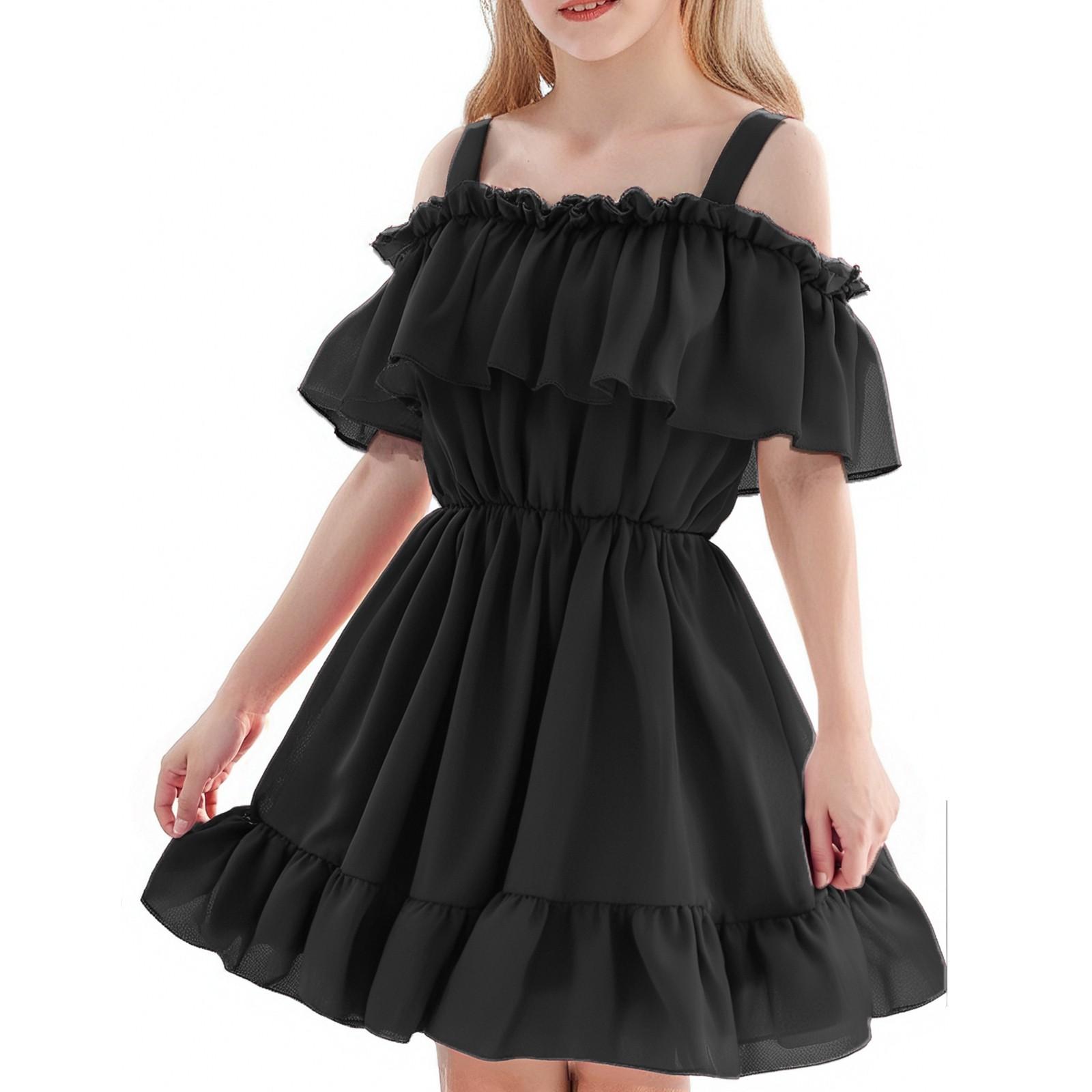 

Летнее платье для девочек - Сарафан с оборкой на одно плечо 120 чёрный