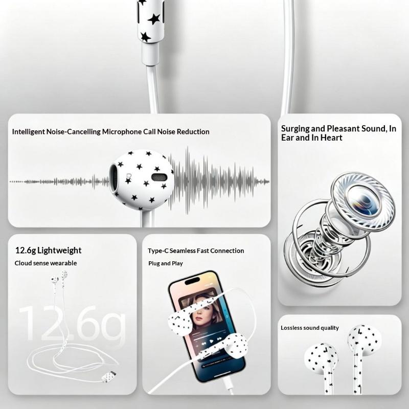 Ins Trendy Star Polka Dot Wired Earphones Semi In-Ear Type C Headphones for Phone Daily Entertainment & Calls
