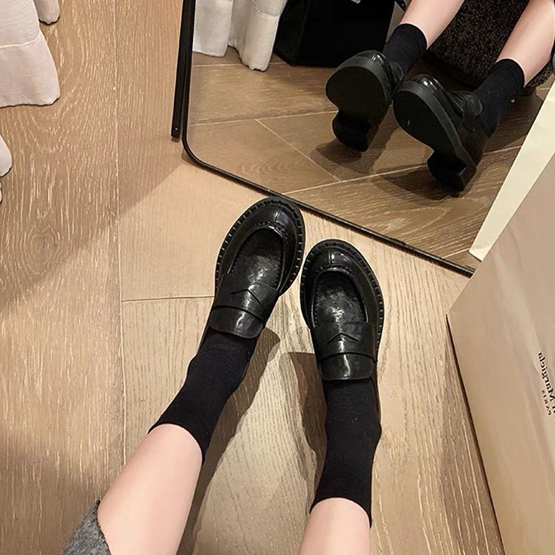 Cowhide version~ Genuine leather platform loafers women's black round head thick heel single shoes retro British lazy small leather shoes