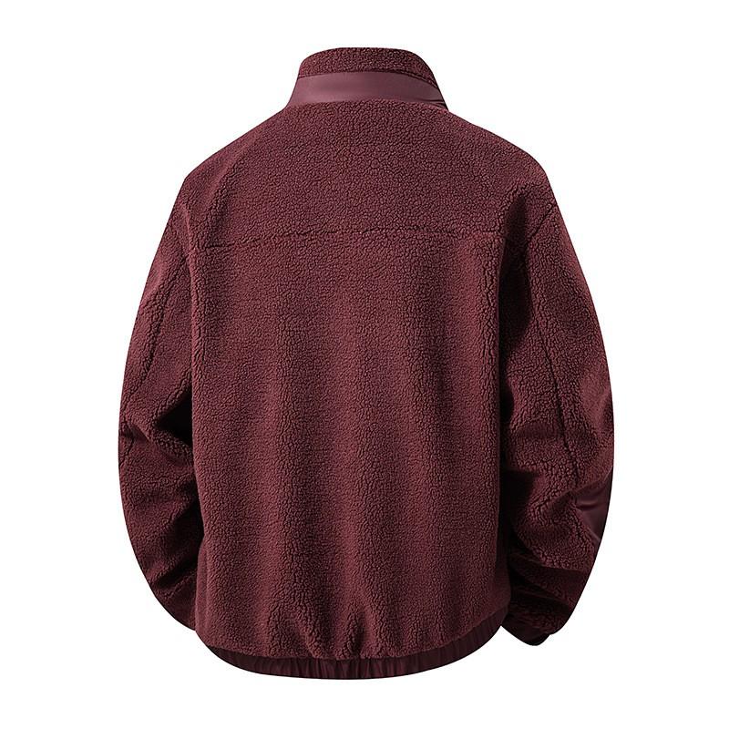Mens Fleece Jacket Color Block Warm Winter Outerwear Loose Fit Stand Collar Multi Pocket Casual Coat