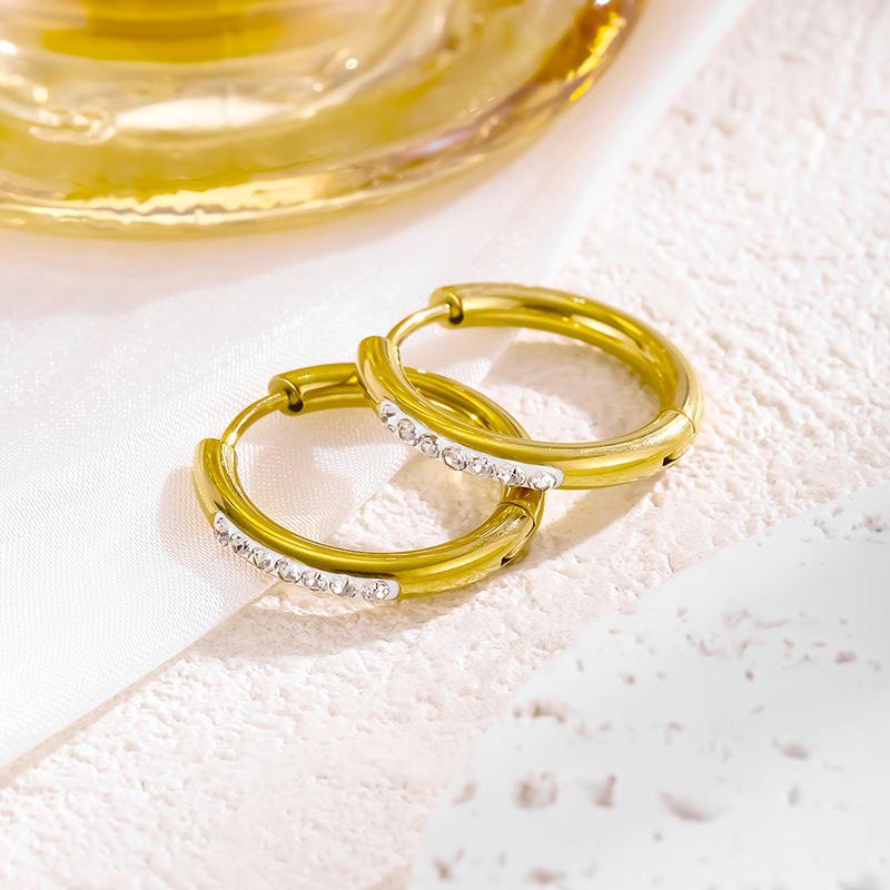 European and American 18K Gold Titanium Steel Earrings with Cubic Zirconia - Women's Electroplated Round Coil Ear Studs