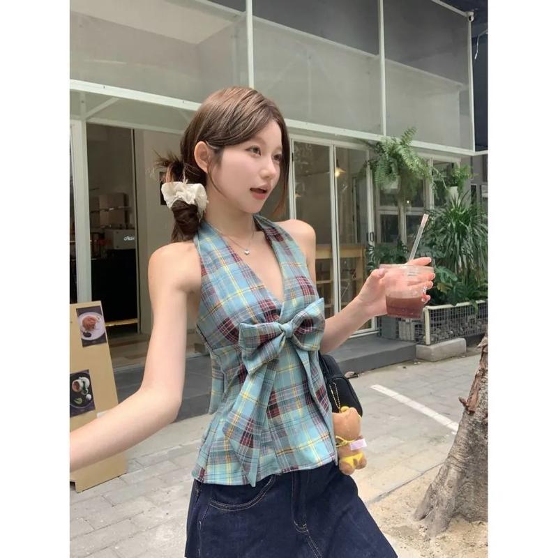 

Women s Plaid Halter Neck Crop Top Bow Front Sleeveless Backless Blouse S зелений