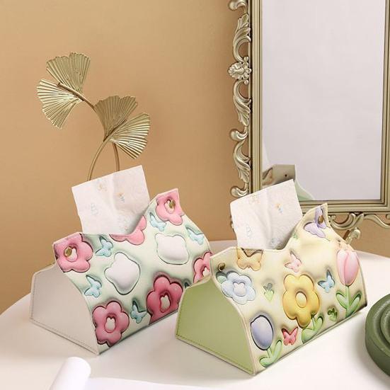 Bedruckte Taschentuchbox mit 3D-Cartoon-Blumenmuster, Knopfverschluss, Kunstleder, tragbar, für Wohnzimmer, Büro, Auto, Seidenpapierspender, Serviettenbehälter