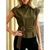 High Neck Sleeveless Metal Buckle Belt Waist Cinching Slim Fit Commuter Blouse