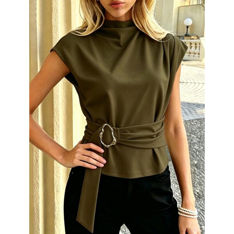 High Neck Sleeveless Metal Buckle Belt Waist Cinching Slim Fit Commuter Blouse