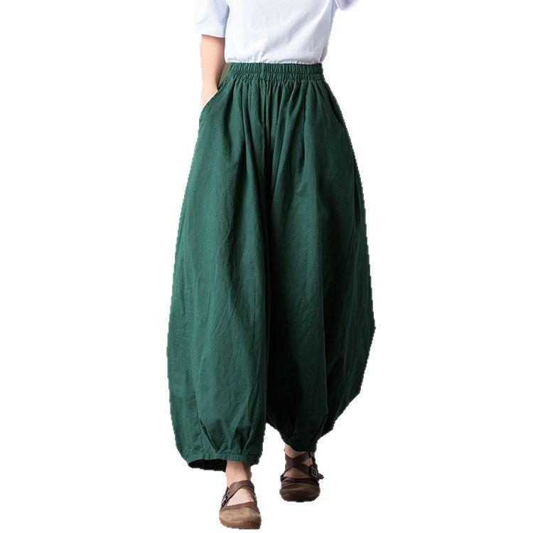 Four Seasons Cotton and Linen Women's Products Sand-washed Linen Bloomers Women's Elastic Waist Loose Casual Pants Nine-point Pants