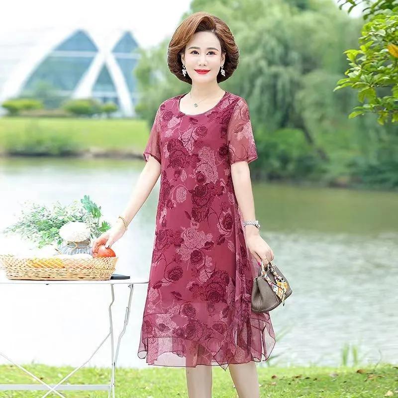 Women Summer Casual Dress Ladies Middle-aged Print Short Sleeve Pleated Dresses Female Vintage Mesh Yarn Floral Dress Vestidos
