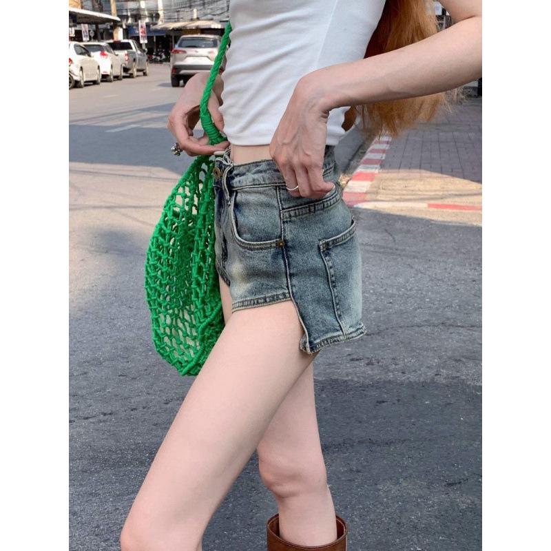 Women's High Waist Elastic Denim Shorts - Irregular Slanted Hem, Petite Fit, Casual Versatile Summer Hot Pants