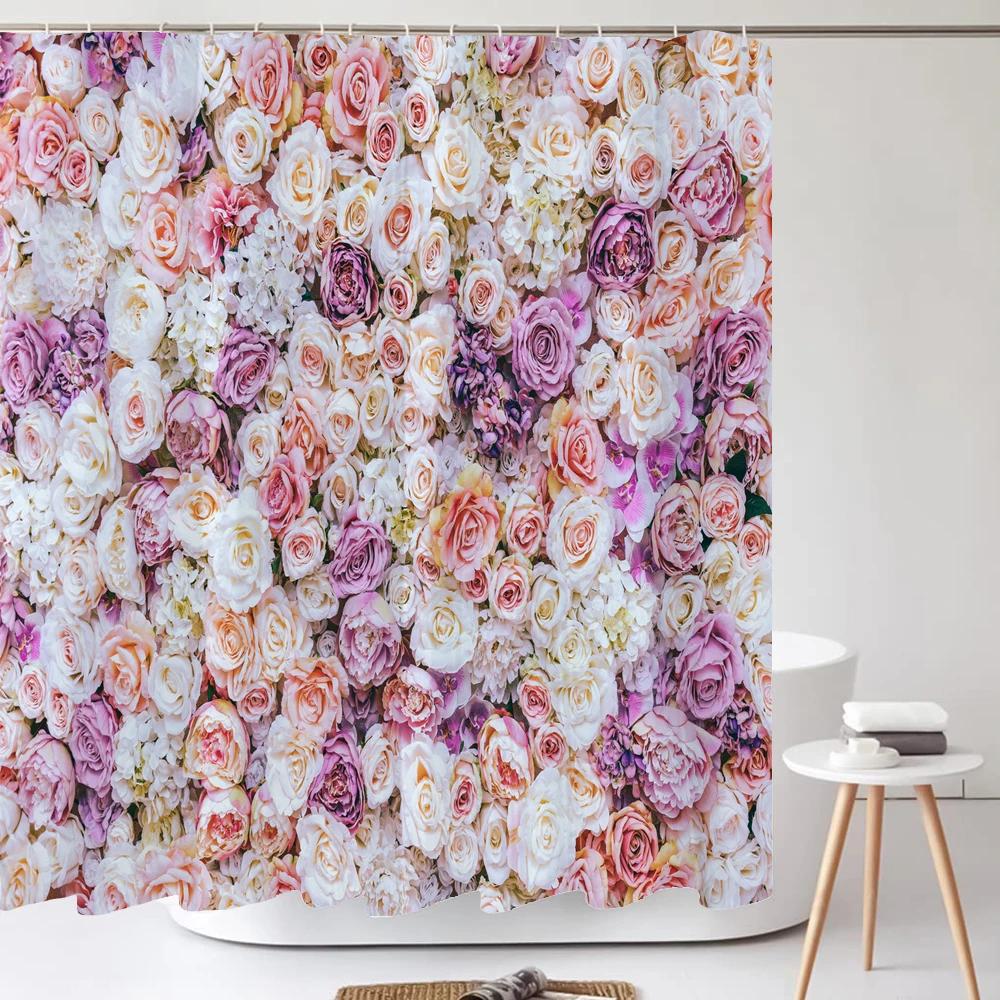 1Pcs Pink flower printing waterproof shower curtain,  Rose flowers wall bathroom decorative curtain with plastic hooks