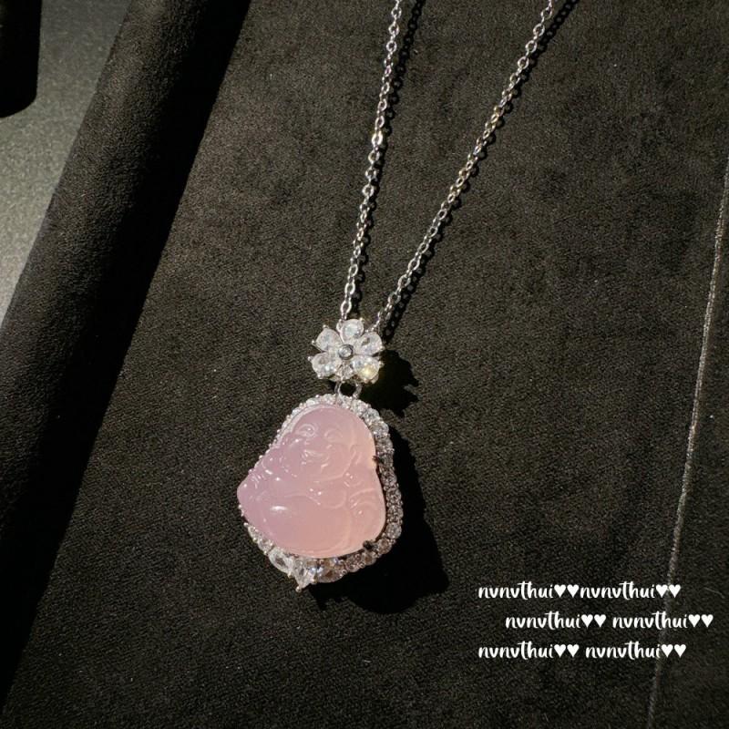Pink Chalcedony Buddha Pendant Necklace With Sunflower Zircon Charm Vintage Floral O-Chain Women
