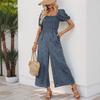 Women's Square Neck Puff Sleeve Wide Leg Printed Jumpsuit