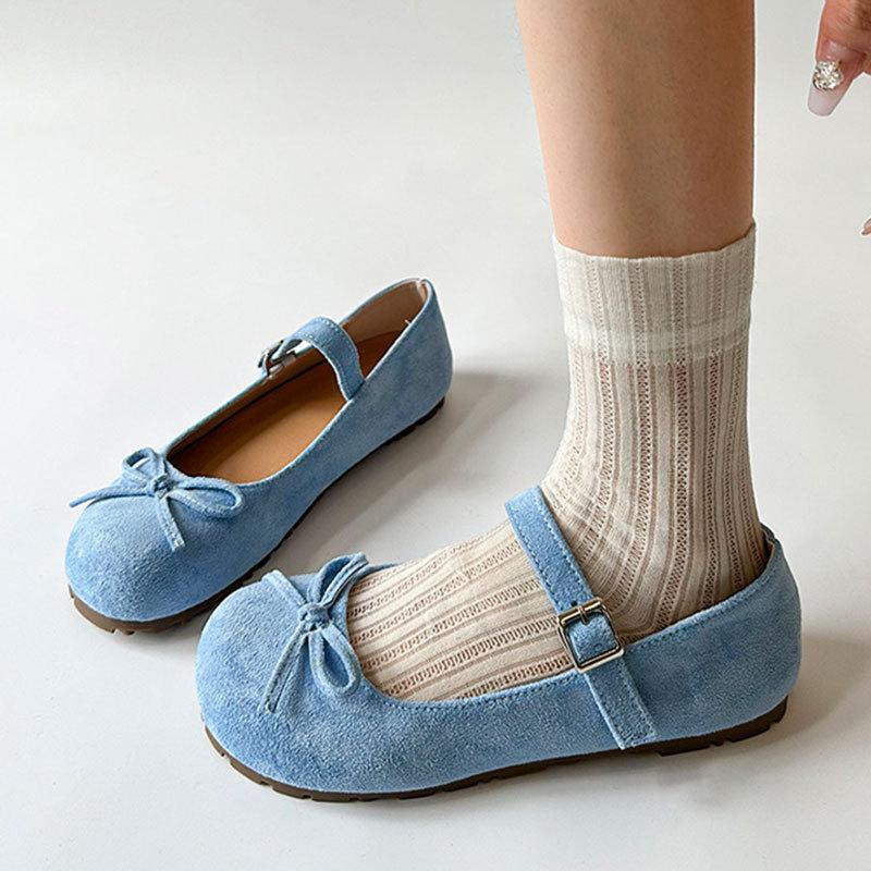 Flat bottom one word with bow Mary Jane shoes  spring new French round head ballet style single shoes
