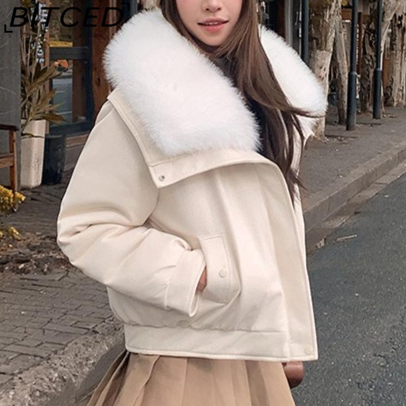 BITCED Women's Short Down Jacket with Oversized Fur Collar Winter Stylish Quilted Coat Thickened Outerwear American Style