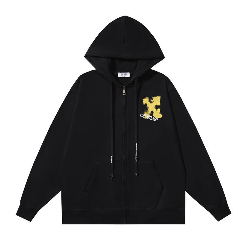 Off-White 2025 Jesień/Zima Nowa OW Podwójny Cień Wzór Żółtej Strzałki Drukowana Męska i Damska Bluza z Kapturem Zapinana na Zamek