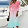 Women's Casual Gradient Midi Dress V Neck Three Quarter Sleeve Back Zipper Elegant Fit and Flare Dress for Everyday Wear