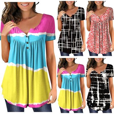 Damen Kurzarm-Tunika, lockere Oberteile, lässig, Übergröße, Oberteile, plissierte Tunika, Knopf, lässig, Sommer, Blumenmuster, Krawattenoberteile für Damen