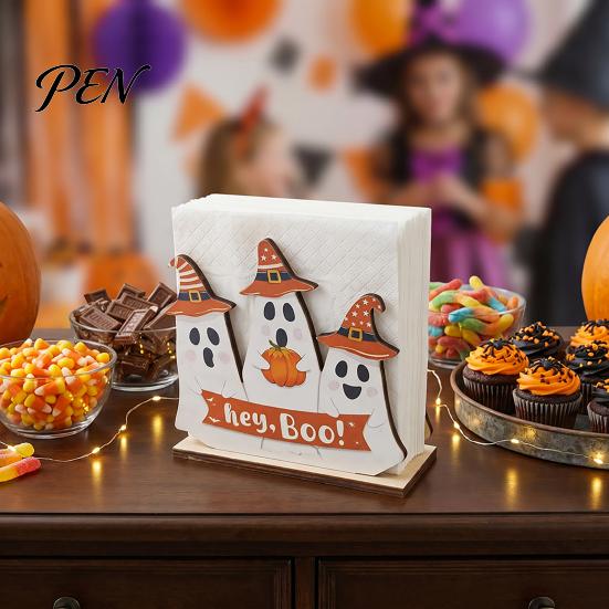Seasonal Party Gift Halloween Wooden Napkin Holder, Ghost Black Cat Decorative Tabletop Tissue Stand Dispenser, Paper Towel Holder for Holiday Dining