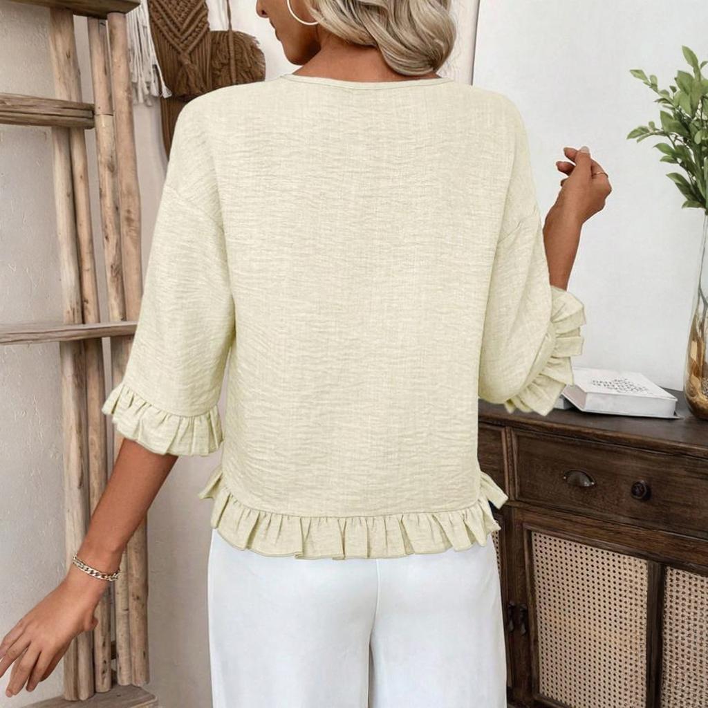 Women's Casual Fashion Ruffled Round Neck Color Long Sleeve Top