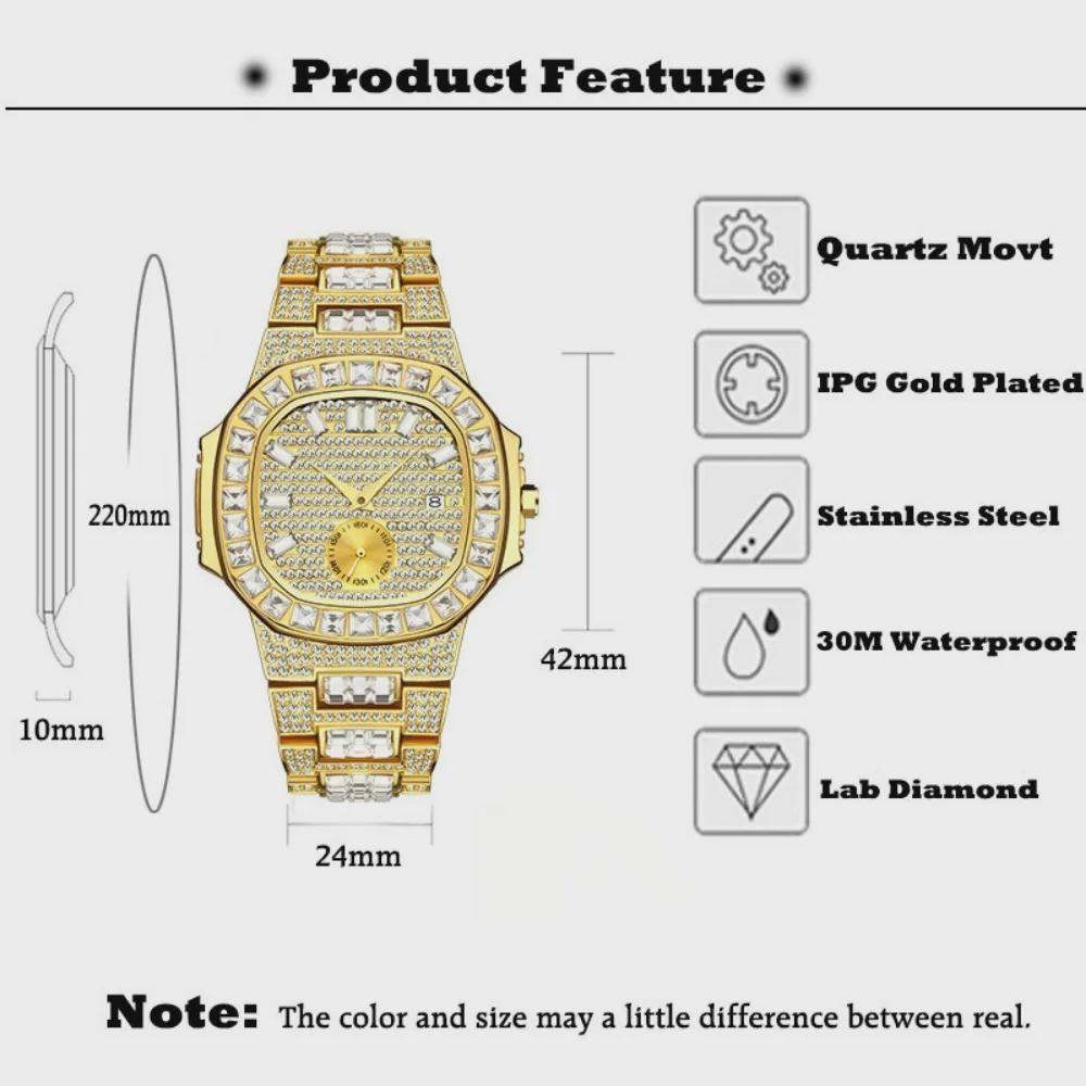 Hip Hop Iced Out Mens Watch Diamond Paved Analog Quartz Watch Waterproof Stainless Steel Luxury Wristwatch