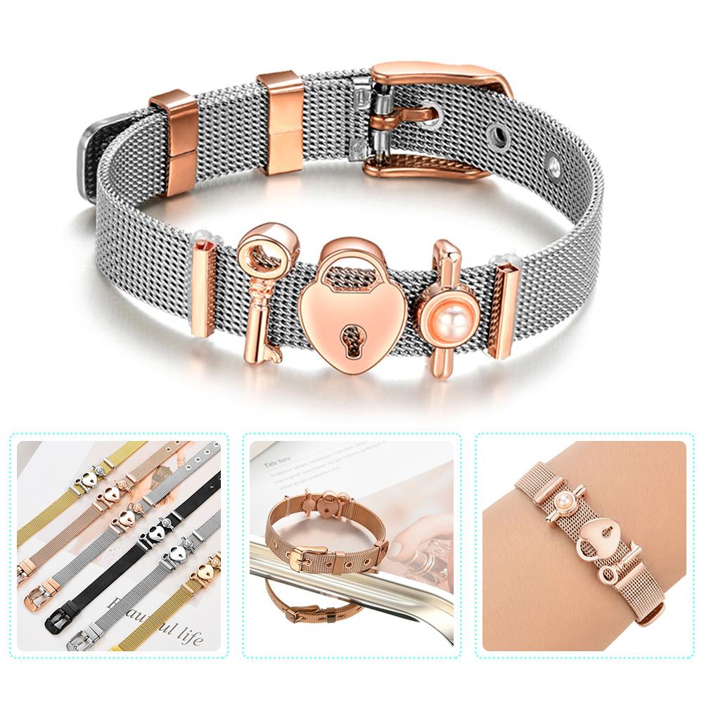 

Браслет-сетка из нержавеющей стали женский регулируемый розовый замок-слайдер шармы браслет (D)