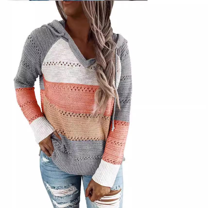 Women's Casual Striped V-Neck Hollow Long Sleeve Hooded Sweater