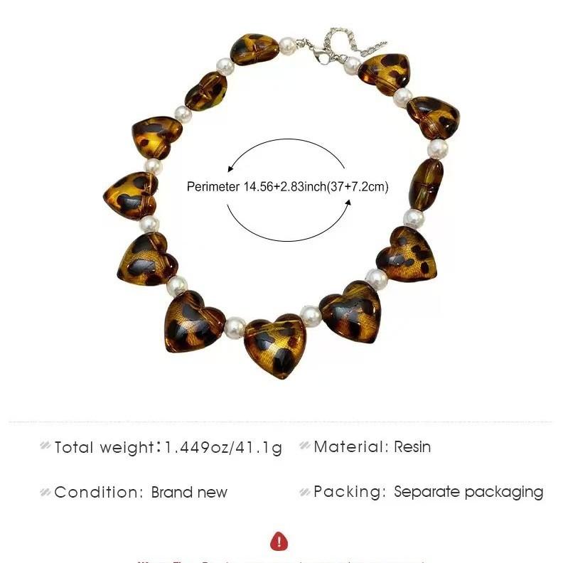 Leopard Print Heart-shaped Simulation Pearl Beaded Necklace Collarbone Chain Choker Accessories