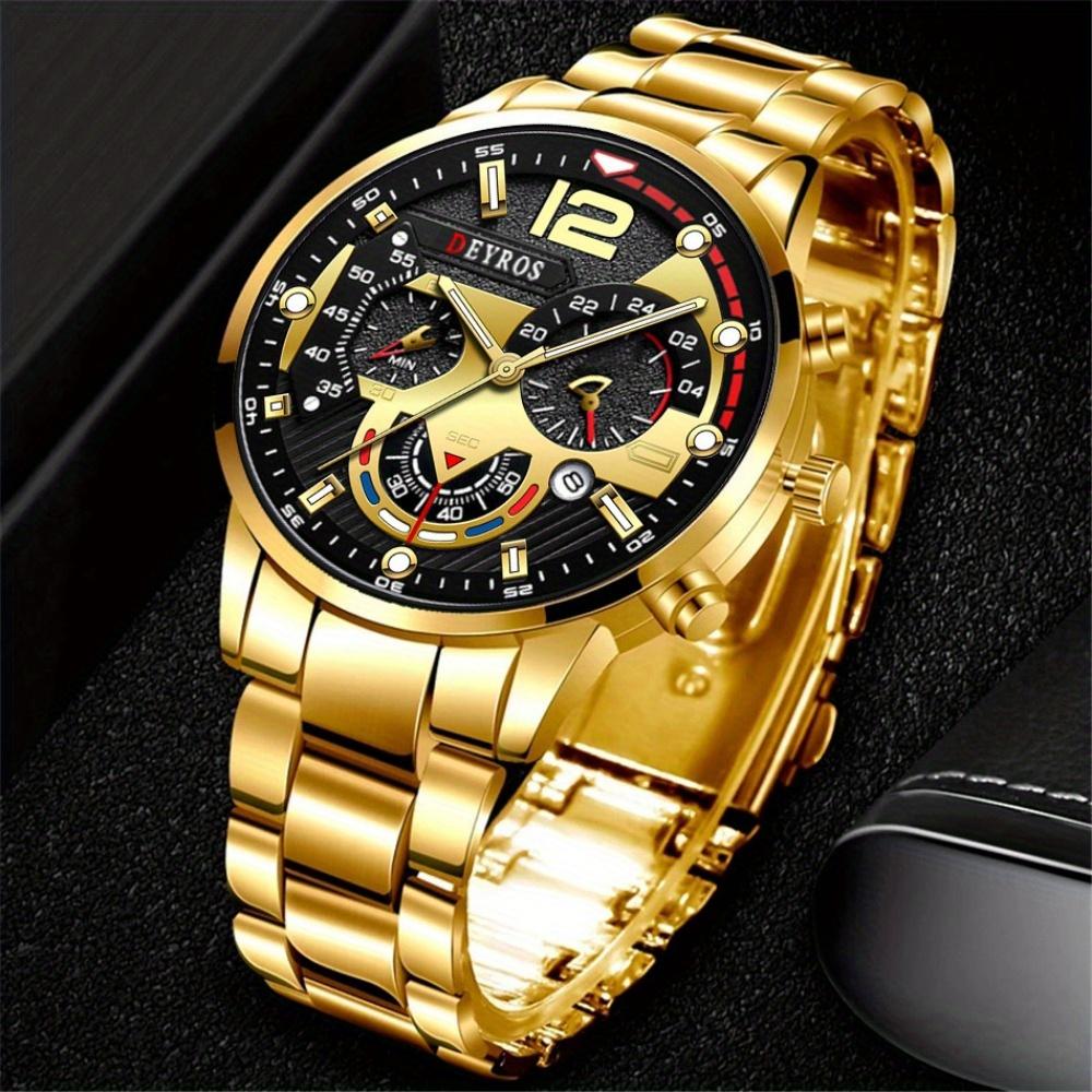 2PCS Set Fashion Business Luxury Men's Quartz Watch Stainless Steel Strap Date Watch & Bracelet, Men's Gifts