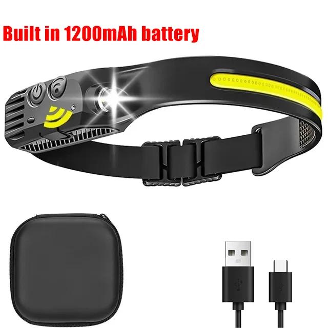 Induction Headlamp COB+LED Head Flashlight Built In Battery USB Rechargeable Outdoor Waterproof Camping Fishing Work Lantern