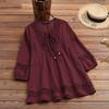 New Cotton Linen Patchwork Lace 3/4 Sleeve Loose Fit Women's Top
