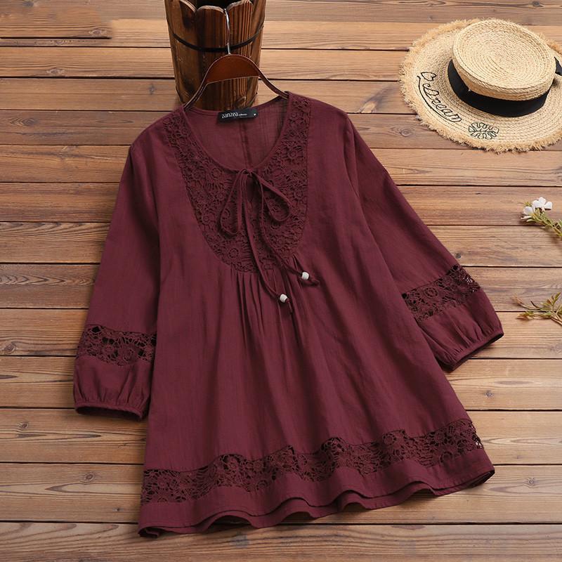 New Cotton Linen Patchwork Lace 3/4 Sleeve Loose Fit Women's Top