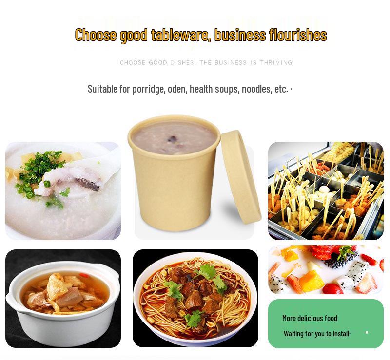 Disposable Kraft Paper Soup Bowl with Lid - Thickened Round Takeaway Meal Box for Porridge and Lunch