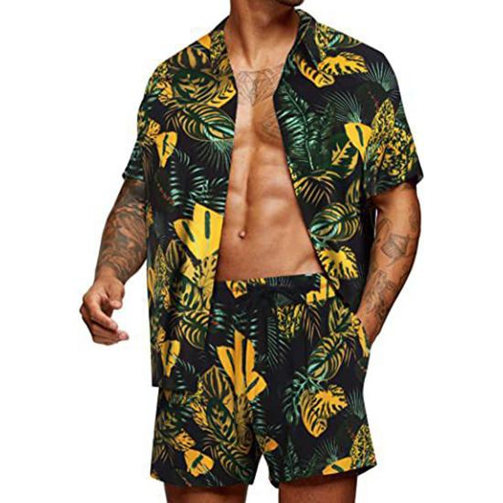 Spring and Summer Loose Beach Casual Men's Clothing Floral Print Fashion Top Shirt Set