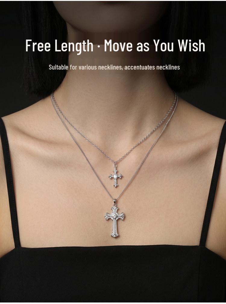 Women's Double Layer Zirconium Cross Pendant Necklace - Titanium Steel Stackable Clavicle & Sweater Chain Accessory
