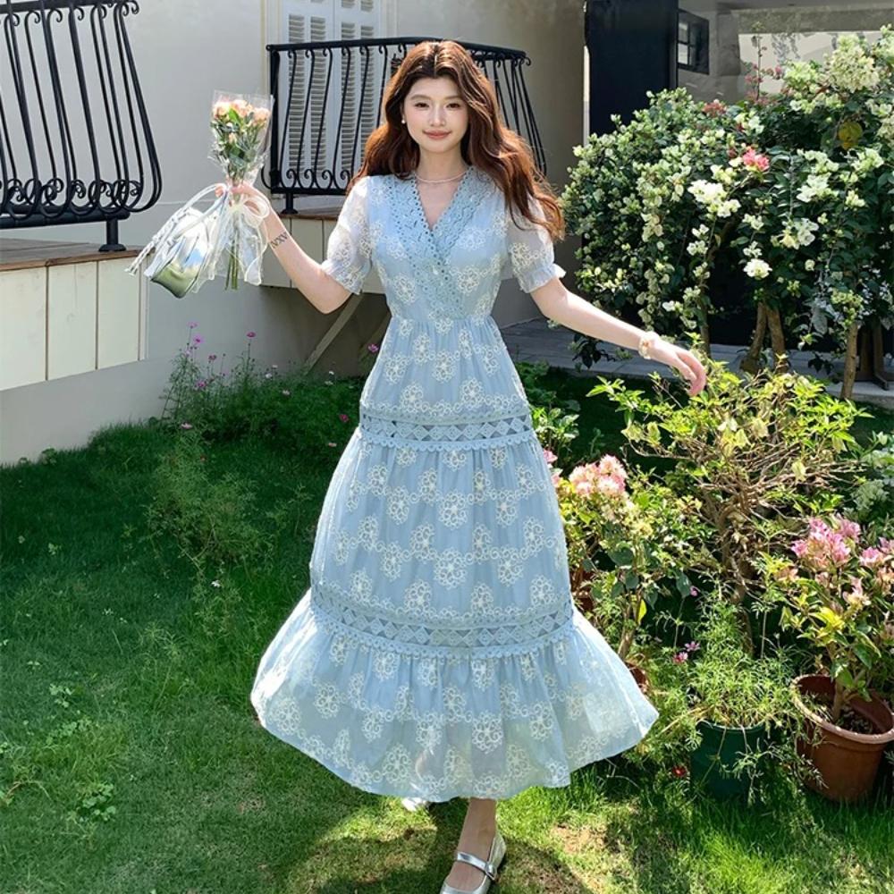 New Summer Fashionable Floral Embroidered Patchwork V-Neck Short-Sleeve Fitted Slimming Midi Dress Women's Holiday Vestidos