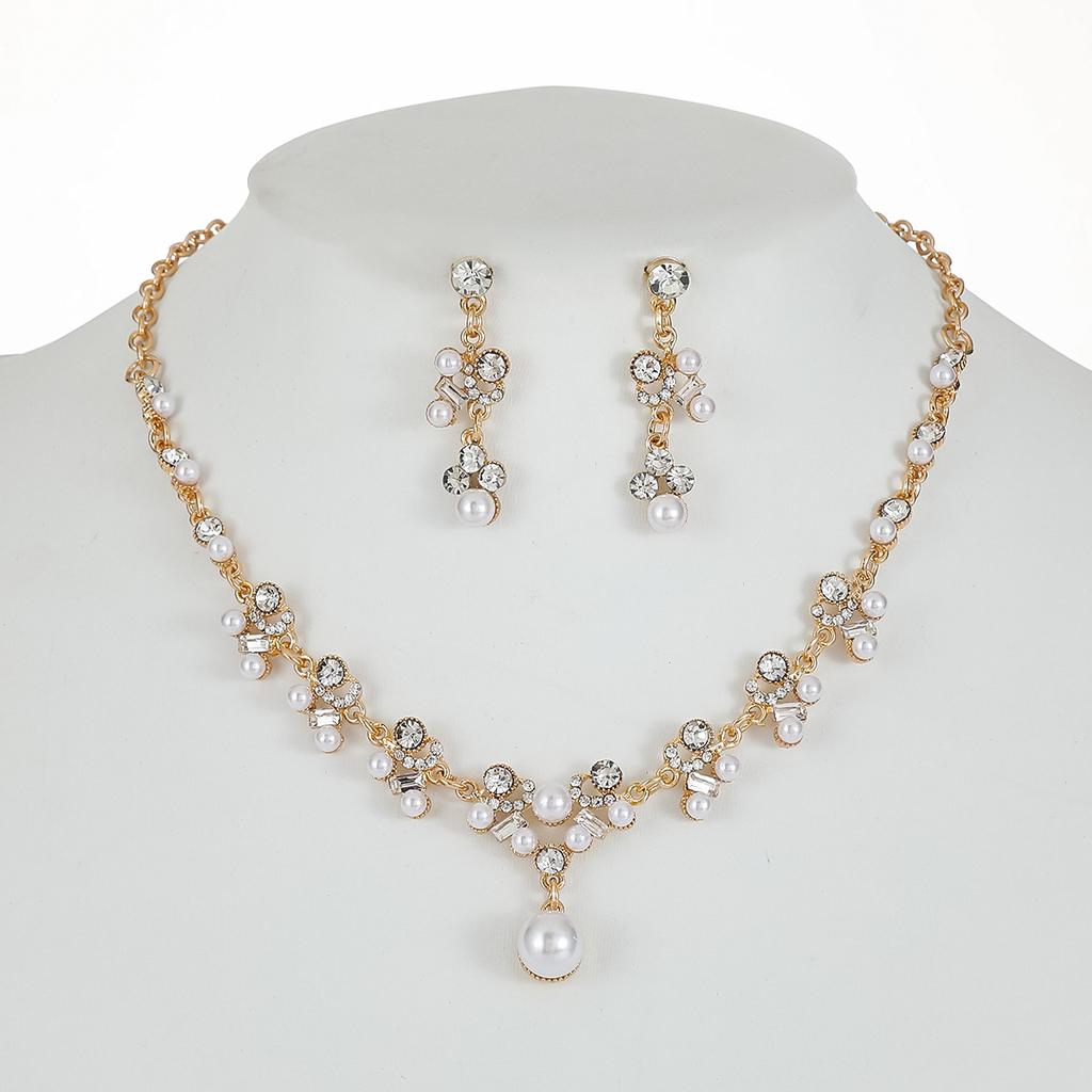 Bridal Dress Personality Pearl Necklace Earrings Set Femininity Alloy Droplet Shape
