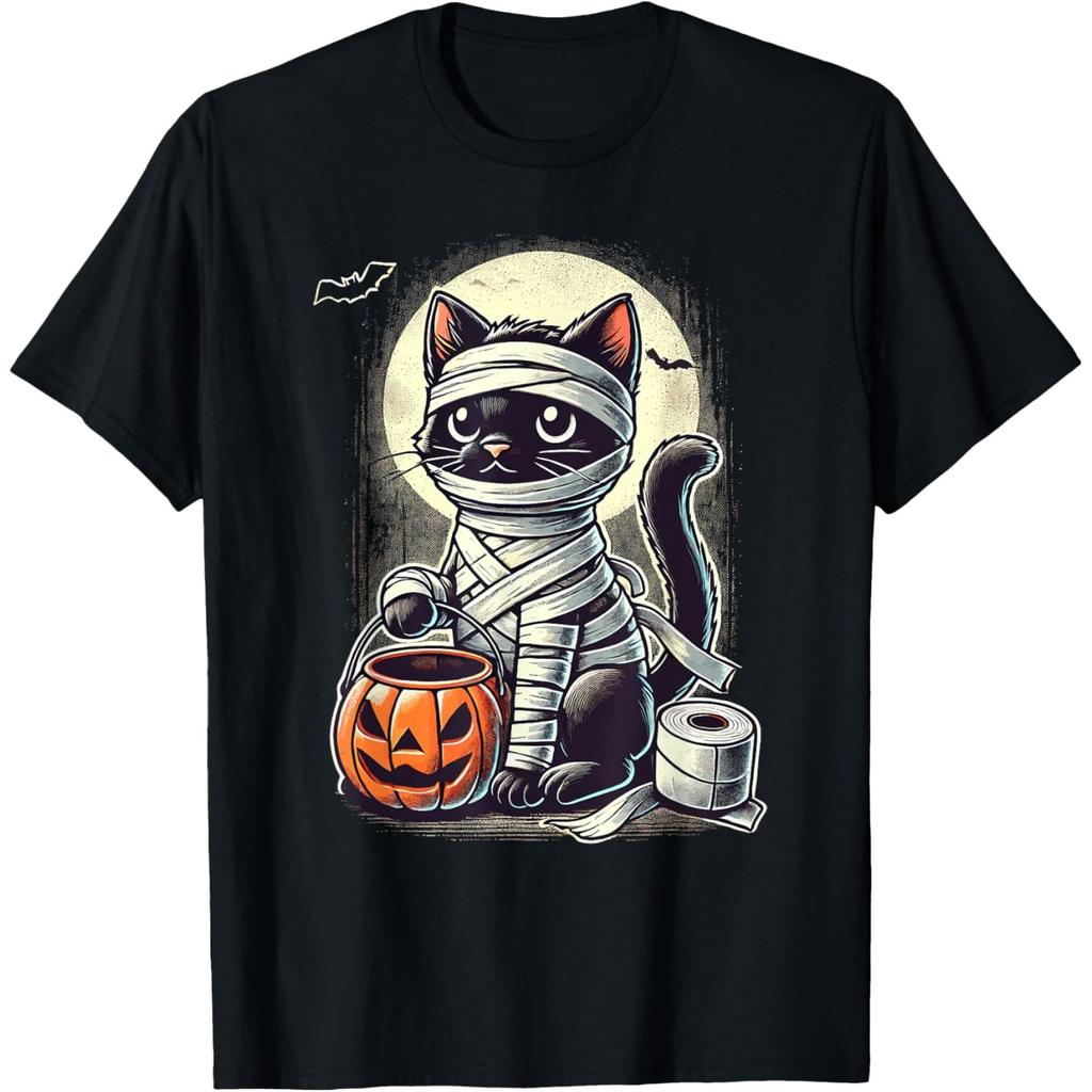Mummy Black Cat Halloween Graphic Tee Cute Cartoon Kitten Trick Or Treat T-Shirt
