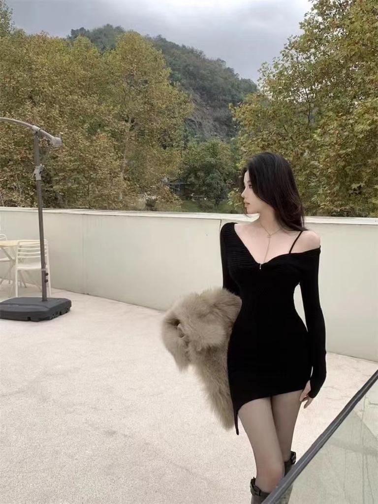 Black Collar Dew Temperament Suspender New Thin Irregular Short Skirt Long Sleeve Spice Girl Bottoming Waist Skirt Dress