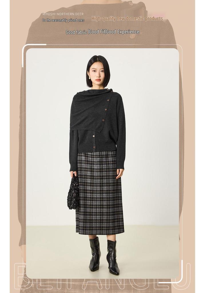 Northern Deer 2025 Early Autumn Women's 100% Wool Cardigan Two-Piece Set with Diagonal Lapel Style
