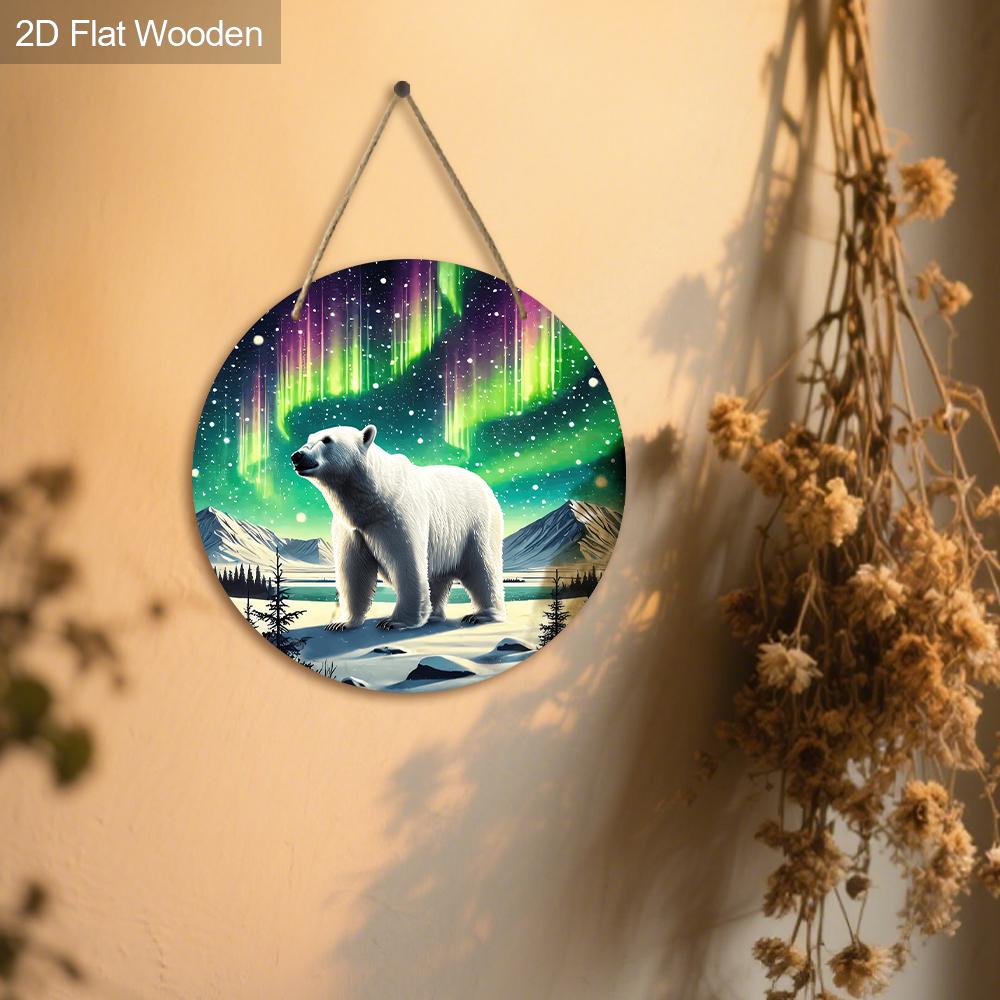 Wooden Sign with Polar Bear & Aurora Pattern, Round Sign for Front Door, Wall Hanging Decor, Ideal Gift for Friend & Family