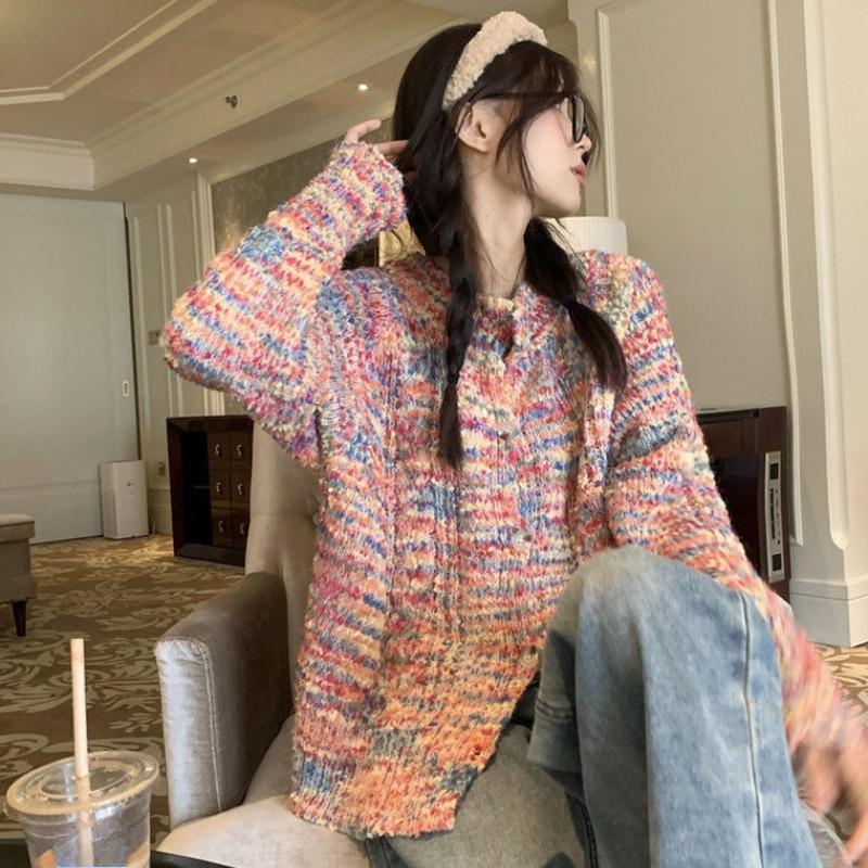 

Женский красочный вязаный кардиган с V-образным вырезом, корейский милый женский свободный свитер, осенний повседневный женский кардиган на одной пуговице XXL