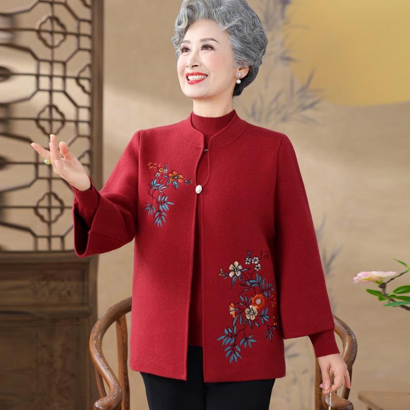 

Пожилой осенний женский костюм-двойка для женщин среднего возраста, свитер-кардиган для свекрови и бабушки, пальто с вышивкой для пожилой женщины, весна-осень XL маджента